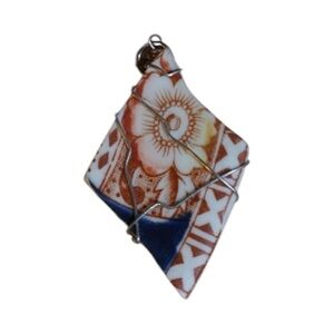 ⭐️Vintage Pottery Pendant with Silver Wire Wrap Ceramic Floral Necklace Charm